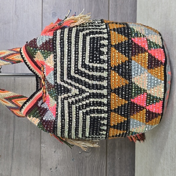 Wayuu Tribe Handmade Tapestry Rhinestone Drawstring Tote Shoulder Bag Purse - Picture 4 of 11